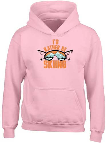 Shopagift I'd Rather be Skiing Kids Hoodie Ski Goggles Mountains Snow Hoody Hooded Top Boys Girls Pink