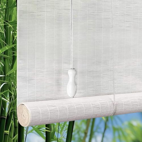 Bambusrollo Outdoor Weiße Bambusrollos Sonnenschutz Und Sichtschutz Bambus Rollo Jalousine,Retro Fenster Raffrollo Innen Verdunkelung Bambus Rollos,für Terrasse/Garten