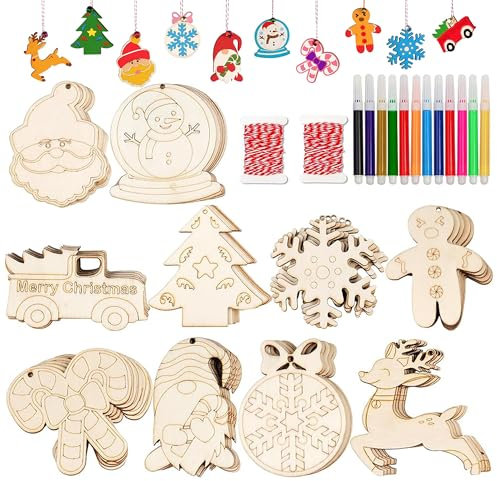 Eachans 20 Stück 3,5 * 3,5 Zoll Weihnachten Deko Holzanhänger mit 12 Aquarellstiften, Holz Weihnachtsbaum Anhänger zum Bemalen, Weihnachtsbaumschmuck Christbaumschmuck Weihnachtsbaumanhänger