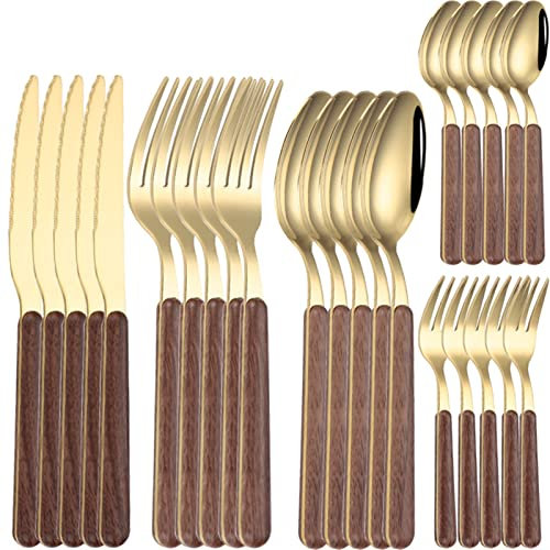 OLSKFUH Ensemble De Couverts 5 Pièces avec Manche en Bois Et Couverts en Acier Inoxydable Doré, Fourchettes, Couteaux, Cuillères, Dessert, Couverts De Table, Ensemble De Vaisselle,