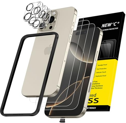 NEW'C Pellicola Vetro per iPhone 16 Pro + Protezione Fotocamera Antigraffio | Set da 6, 3x Vetri Temperati + 3x Protezioni Fotocamera, Trasparente, Kit Installazione Incluso