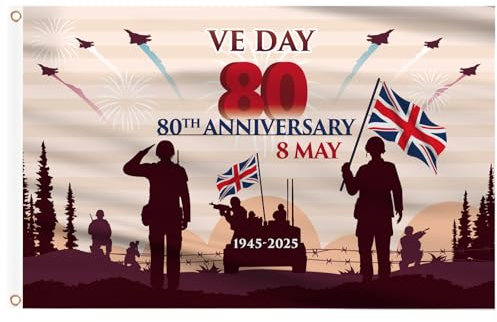 AhfuLife Large VE Day 80th Anniversary 2025 Flag 3Ft x 5Ft - 80 Years Victory in Europe RAF 1945-2025 UK WW2 WWII Decorations