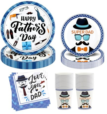 Arosche Fathers Day Decorations Happy Father's Day Party Supplies Set for 24-Disposable Paper Plates and Napkins, Cups, Fathers Day Tableware Celebration Party Decor for Outside, Picnic