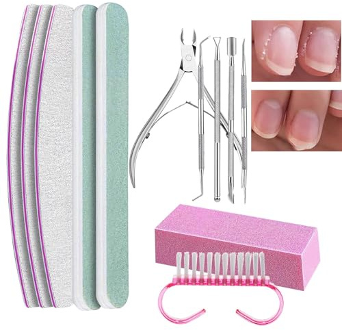 GkgWuxf Nagelvårdsverktygssats, Nagelklippare - 12 delar nagelvårdssats 100/180 manikyrverktyg,Nagelsatsen innehåller nagelfilar, rosa nagelbuffert, polerfilar, triangulär nagelbandsstripper för