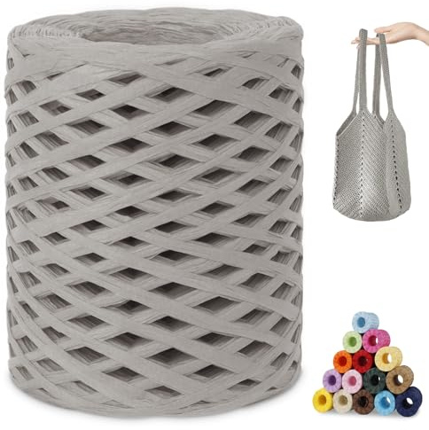 CAMAL Raffia Garn zum Häkeln, Papierdraht Bastband zum Basteln 3mm x 200m Raffia Bast Bunt Papiergarn zum Häkeln Von Taschen, Strandmütze, DIY Handarbeiten (Grau)