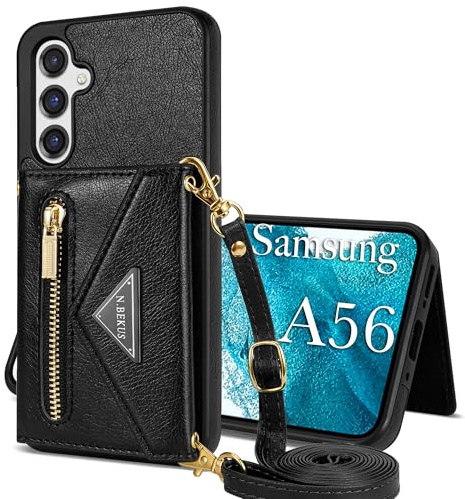 GUVAGI für Handyhülle Samsung Galaxy A56/A36 5G Hülle mit Band Handykette,4-Karten Leder Klappbar Flip Reißverschluss Handytasche Mädchen Case mit Abnehmbar Kette Schnur Tasche Hinten Umhängen,Schwarz