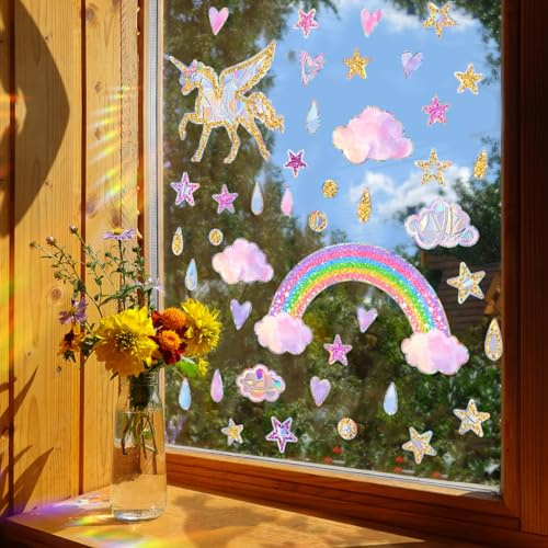 WandSticker4U®- Fensterbilder EINHORN & REGENBOGEN & STERNEN Mädchen (56x64 cm) I Fenstersticker Einhorn Regenbogen Suncatcher Sticker Rainbow I Prisma Fensteraufkleber Fensterdeko Frühling Sommer