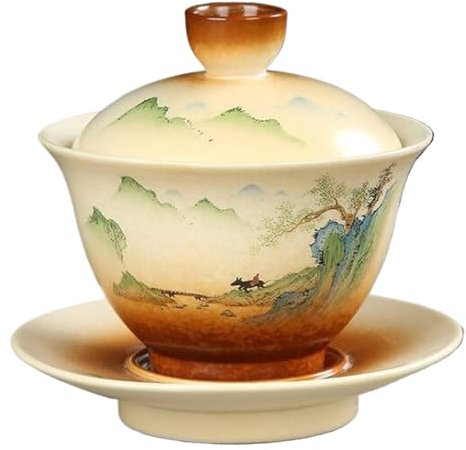 KRXSOBNV, Tazza da caffè, tazza da tè, 180 ml con motivo paesaggistico retrò Tazza in ceramica Gaiwan Set da tè Ciotola da tè fatta a mano con zuppiera ，Tazze in ceramica