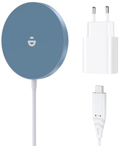 RoRoSkin Caricatore ad induzione rapida Compatibile con Mag-Safe con Adattatore di Alimentazione 20W Tipo USB-C, Magnetico Wireless Caricatore per iPhone 16/15/14/13/12 Series e Air-Pods, Blu