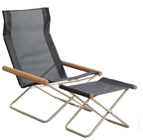 Klappstühle für den Außenbereich, massives Buchenholz & 600D Canvas, breiter Liegestuhl, faltbar, lässiger Campingstuhl, Outdoor-Stuhl für Strandstuhl, Outdoor, Camping, Picknick, Grau, mit Pedalen