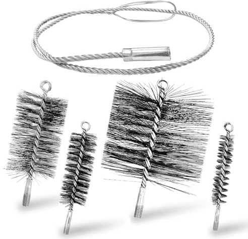 5 Stück Ofenrohrbürste Set mit 1m Stahldraht Schubstange, 30/50/80/150mm Schornsteinfeger Bürste, Kaminbesen, Heizkesselbürste für Reinigung von Schornstein, Kamin, Ofenrohr und Rauchrohr (Silber)