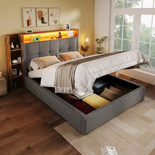 Kebnor Polsterbett, 90x200 cm, Mit USB Typ-C Ladefunktion,Ohne Matratze, Multifunktionale Aufbewahrung, LED-Beleuchtung, Drucktaste/Appdienung,Leinen (Grau)