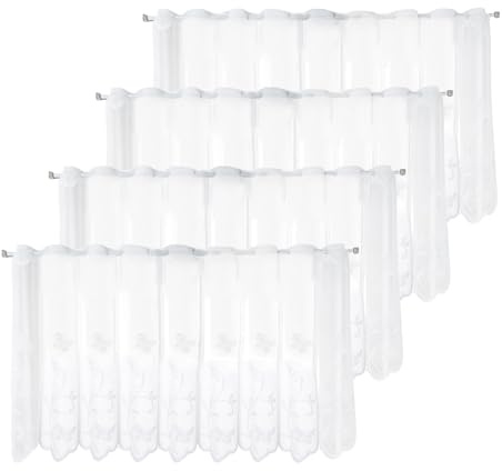 DHSWNNG 4er Scheibengardine, 130x45cm Bistrogardine Kurzstores Blume Weiß Halbtransparent Besticke Scheibengardinen Modern Kurze Halbtransparente Vorhänge für Wohnzimmer und Küche