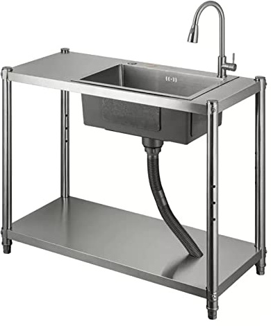 XBTGS Freestanding Kitchen Sink Portable Sink w/Cold Hot Water Pipe Faucet Storage Shelves w/Workbench for Business Restaurant, Cafe, Bar, Hotel, Garage, Laundry Room,50 * 40cm