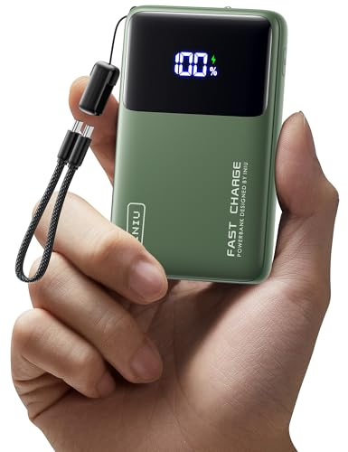 INIU 10000mAh Batterie Externe, Mini 45W Charge Rapide Voyage Power Bank | Câble USB C Amovible, Autorisé en Avion, Essentiels de Voyage, Powerbank pour iPhone 17 16 Pro, Samsung S26, iPad, Vert