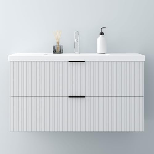 Biubiubath Badmöbel-Set Weiß Matt 100cm Mineralguss Waschtisch mit Unterschrank Badezimmerschrank mit Softclose-Schubladen geriffelte Schubladentüren