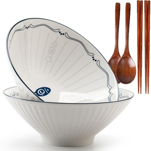 TuYines 2set 8 Pulgadas Bol Grande para Ramen de Cerámica 1100 ml, Cuenco Japonés Cerámica Ramen,Cuchara y Palillos para Ramens, Fideos y Sopas,Apto para lavavajillas y microondas (D)