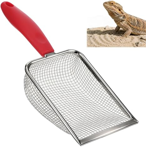 Xyembu Reptilien Siebschaufel, Reptile Shovel, Sandsieb aus Rostfreiem Edelstahl, Reptiliensand Feinmasch, Hühnerschaufel, Metall Feiner Sand Scoop für Hamster Sand, Vogelsand, Reptilienkot (15 cm)
