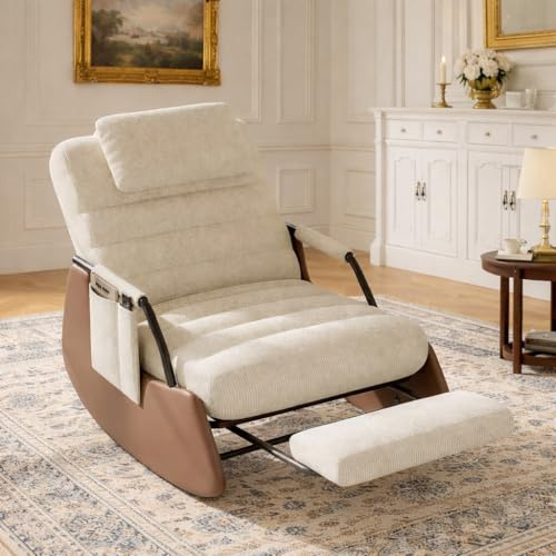 LieABak Schaukelstuhl Mit Seitentaschen,Schaukelsessel Schwingsessel Mit Verstellbare Rückenlehne,Loungesessel Stillsessel Lesesessel Relaxstuhl für Wohnzimmer,Schlafzimmer (Beigefarbener Cord)