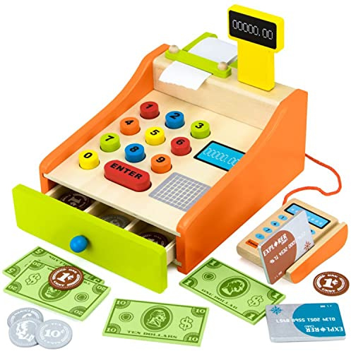 Change & Charge Cash Register Toy with Play Money for Kids (22pcs) – Wooden Play Toy Includes Coins, Bills & Credit Cards - Teaching Tool, Educational & STEM Learning Resource - Cashier Pretend Play