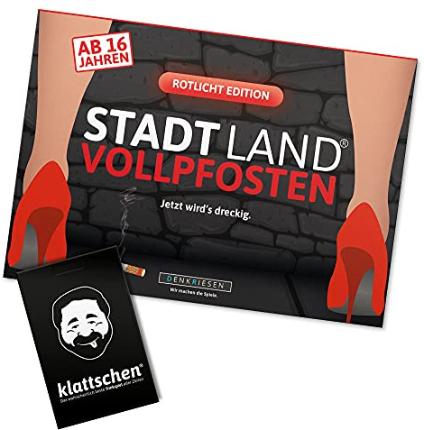 DENKRIESEN Stadt Land VOLLPFOSTEN – Rotlicht Edition & Klattschen | Spielblock und Kartenspiel mit 32 Kategorien, Spezialfeldern und kreativen Partyaufgaben.