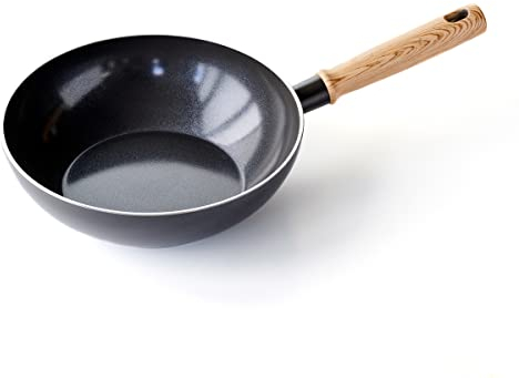 GreenChef Vintage Gesunde Keramische Antihaftbeschichtung Wok-Pfanne, 24 cm/2,5 Liter, Holzinspirierter Griff, PFAS-frei, Induktionsgeeignet, Backofenfest bis 160˚C, Grau