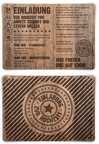 100 x Hochzeitseinladungen individuelle Einladungskarten zur Hochzeit DIN A6 - Grunge/Holz