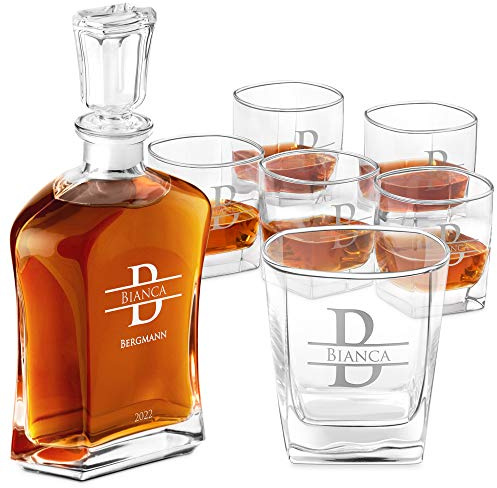 Maverton Whiskey Karaffe Set + 6 Gläser - mit Gravur - Whisky Dekanter - 700ml - Geschenk zum Geburtstag für Damen - Name