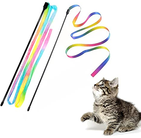 LASOCUHOO Interaktiv katt regnbåge trollspö leksaker, interaktiva katt-teaser trollspö sträng, färgglad bandladdare för de flesta katter och kattungar – 2 paket