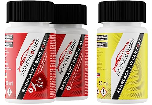 MOTIONCOLORS New Red Pearl/Red Multi-Coat PPMR für Tesla Autolack Lackstift Set Grundlack Basislack Klarlack je 50ml