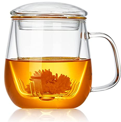 DOPUDO Glas-Teetasse mit Teesieb und Deckel, 520 ml, große Borosilikat-Teetasse, Teeglas, transparenter Becher für losen Tee, blühenden Tee, mikrowellen- und spülmaschinenfest, Geschenk für Geburtstag