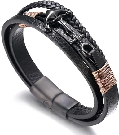 Halukakah ● Segeln ● Herren-Armband Handgefertigt | Echtleder Schwarz | Magnetverschluss Edelstahl | Wickelarmband 3 Runde | Titan Anker | KOSTENLOS Geschenkbox | Größe Einstellbar 21.5cm-23cm