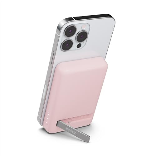 Belkin Batterie Externe sans Fil magnétique 5000mAh, Chargeur Portable Compatible MagSafe et Charge Pass-Through, Sortie 7,5W, entrée 10W et béquille, Compatible avec Les iPhone 17, 16, 15, 14, Rose