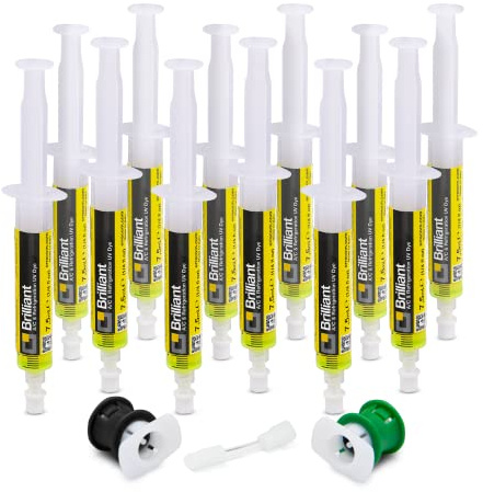 Errecom Brilliant - 12 x 7,5 ml, UV-Fluoreszenz-Tracer zum Aufspüren von Kältemittellecks in Autoklimaanlagen, inklusive Adaptern für R134a und R1234yf