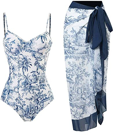 PAIDAXING Costume da bagno da donna UK con controllo della pancia, costume intero da bagno e copertura in un set, costume da bagno vintage floreale modellanti per donna, monokini con pareo