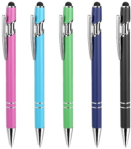 ENLACE 5 Stück Kugelschreiber Hochwertig mit Touchpen Schwarze Tinte | Kugelschreiber Ergonomische, Kuli Metall, Gleichmäßiger Tintenfluss, Taschenclip für Büro, Schule und Tablet