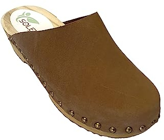 Solema TRIS Leather Slip-on Womens Clogs Mules Slippers Sabot Shoes, Brown, EU 38, UK 5