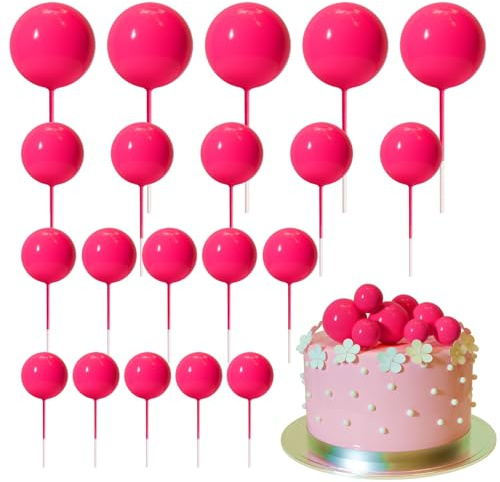 ASTARON 20 Pcs Ball Cake Topper Decorations Mini Balloons Cake Topper Sticks Hot Pink Balls Cake Picks for Wedding & Birthday
