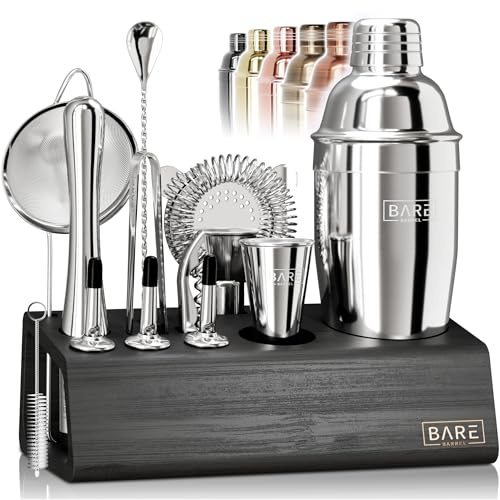 BARE BARREL® Mixology Bartender Kit Bar Set | 14-Piece Cocktail Shaker Set | Martini Barware Mixing Tools for Home Bartending | Incl. 35 Recipe Cards | Gift Set (24oz Cobbler Shaker, Silver/Black)