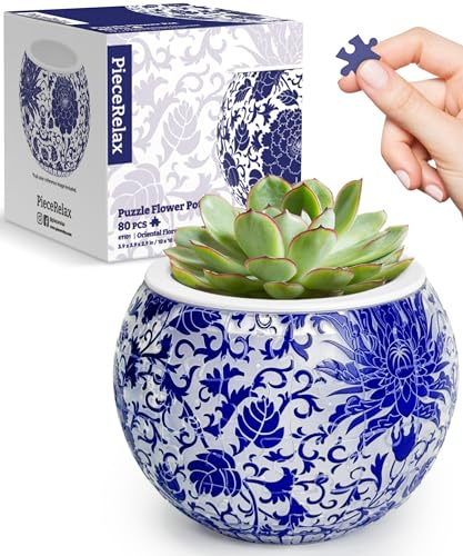 PieceRelax 3D Puzzle Planter - Oriental Floral Ornament - Small Round Plant Pots with Drainage, for Mom, Home Decor Flower Pots for Indoor Cactus, Succulents Pots [K1101]
