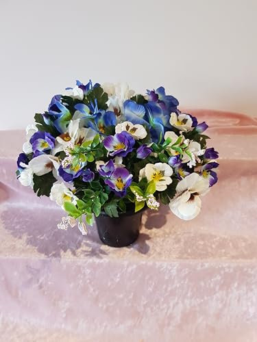 Silk Pansy Spring Memorial Grave Pot, Perfect for Grave & Memorial Decorations, Blue and White Grave FlowersWhite Pansies