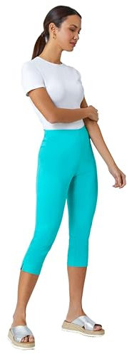 Roman Originals Cropped Trousers for Women UK Ladies Capri Leggings Summer Pants Short Crop Stretch 3/4 Length Three Quarter Pedal Pusher Clothes Elasticated Bengaline Cut Off - Teal - Size 14