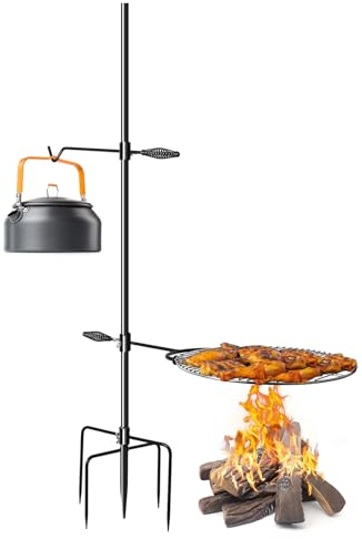 CANDANA Parrilla para fogata con gancho Keetle, giratorio de 360°, parrilla giratoria de 360° para fogata para acampar al aire libre, barbacoa, cocina