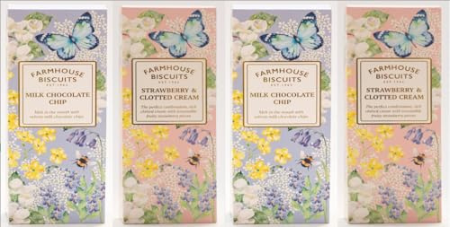 Farmhouse English Biscuits Delicious Flavours of Milk Chocolate Chip Strawberry Clotted Cream 150g, Perfect loving Gift on Mothers, Fathers day (Bunldle 1 (4 x 150g), Mix Flavours)