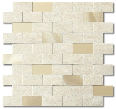 VAOVI Ziegelstein Mosaik 3D Selbstklebende Wandfliesen Aufkleber für Wand Bad WC Dusche Küche Fliesen Wandplatte Wasserdicht(10 Fliesen,Beige Gold)