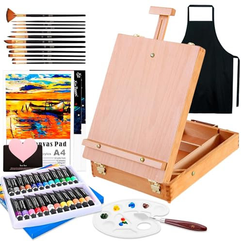 UCAMP Cavalletto Pittura,Cavalletto da Tavolo,Set di pittura acrilica da 44 pezzi,24 colori acrilici,12 pennelli,Spatola, Grembiuli,Tavolozza Colori e Tela A4,per Professionisti e Hobbisti