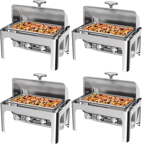 9QT Food Warmer, Rectangular Chafing Dish Buffet Set with Visible Roll Top Food Tray Water Tra Fuel Rack for Weddings Parties Banquets Dining Events(Four)