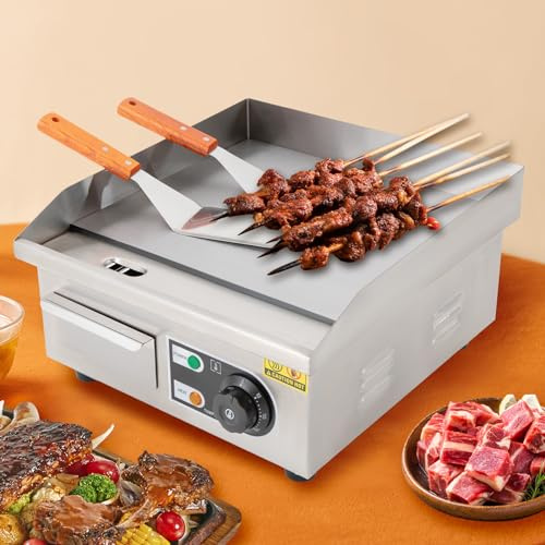 Mermajestic 2000W Commercial Electric Griddle,Countertop Flat Top Griddle Stainless Steel Grill with Thermostatic Control for Restaurants, Parties and Home Dinners, Enlarged Drip Hole, Stepped Design