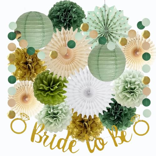 Jga Deko Frauen Grün Gold Bride to Be Deko Seidenpapier Pom Poms Papierfächer Papierlaterne for Junggesellenabschied Bridal Shower Party Dekoration
