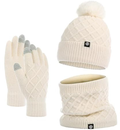 3 In 1 Beanie Mütze Hals, Mütze Schal Handschuhe Set Damen, Strickmütze Damen Winter Damen Herren Warmer Schal Touchscreen Handschuhe Einfarbig Elastisch Haube Strickset Verdickter Strickmütze Set